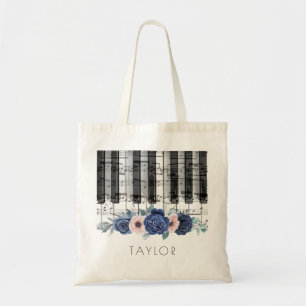 Tote Bag musique piano bleu et fleurs roses