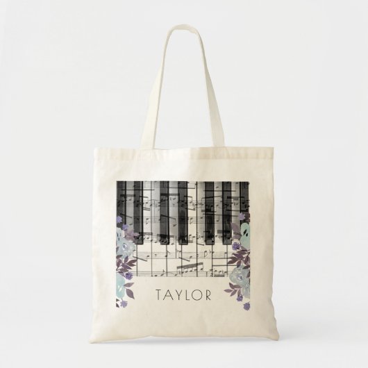 Tote Bag musique piano bleu nom floral (Devant)