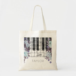Tote Bag musique piano fleurs d'eau bleu