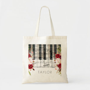Tote Bag musique piano marsala fleurs nom
