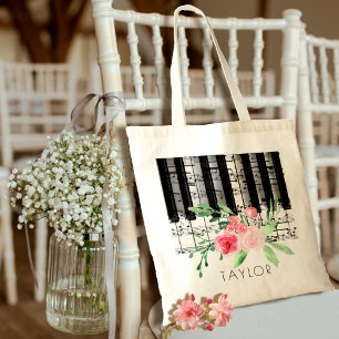 Tote Bag musique piano rose fleurs d'aquarelle
