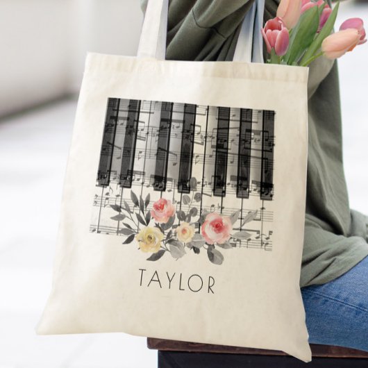 Tote Bag musique piano roses sur feuillage gris