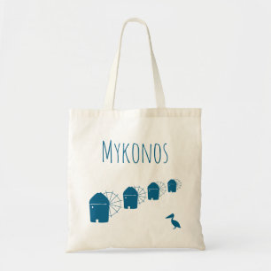 Tote Bag Mykonos, Grèce : moulins à vent et oiseau pélican