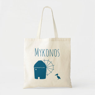 Tote Bag Mykonos, Greece: Iconic Windmill and pelican bird 
