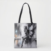 Tote Bag Mystique ailée fille noir et blanc urbain (Devant)