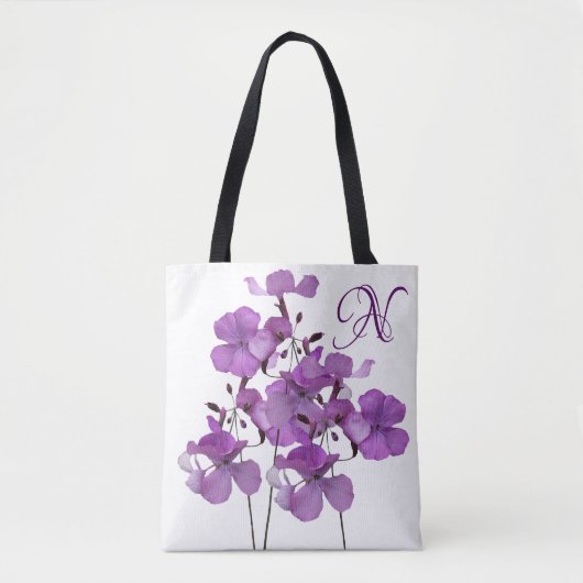 Tote Bag N monogramme jolie plage fleurie violette (Devant)