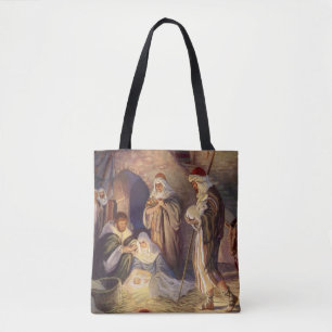 Tote Bag Nativité de Noël Vintage, 3 Bergers et Jésus