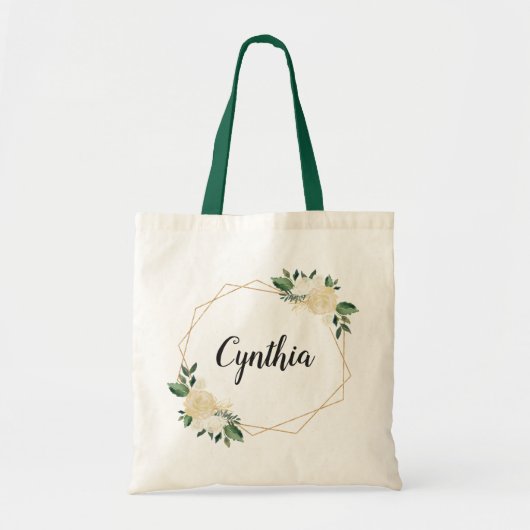 Tote Bag Nature Vert Ivoire Aquarelle Or Floral (Devant)