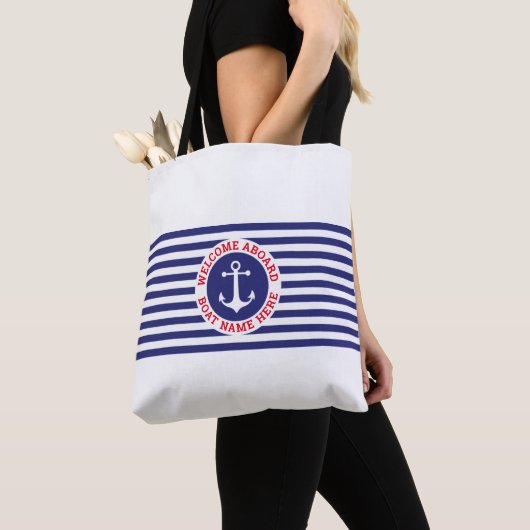 Tote Bag Nautical Anchor Design with Navy Stripes (De près)