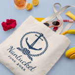 Tote Bag Nautical Navy Blue Anchor Custom Wedding Location<br><div class="desc">Nautical tote bag features a navy blue boat anchor with decorative rope knot frame and custom text that can be personalized for your vacation or special event.</div>