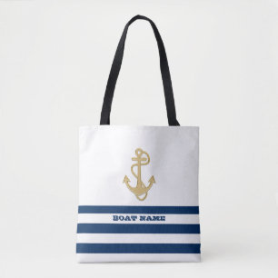 Tote Bag Nautique, Ancre d'Or Bleu Marine Rayures Blanches