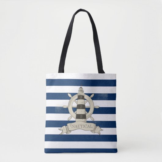 Tote Bag Nautique, Bateau Roue, Bleu et Blancs (Devant)