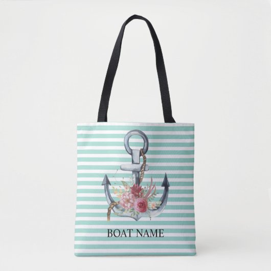 Tote Bag Nautique, Fleurs d'Ancres Mint Vert rayures (Devant)