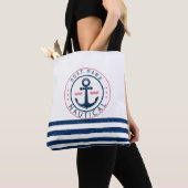 Tote Bag Nautique, nom du bateau, ancres à rayures bleu mar (De près)