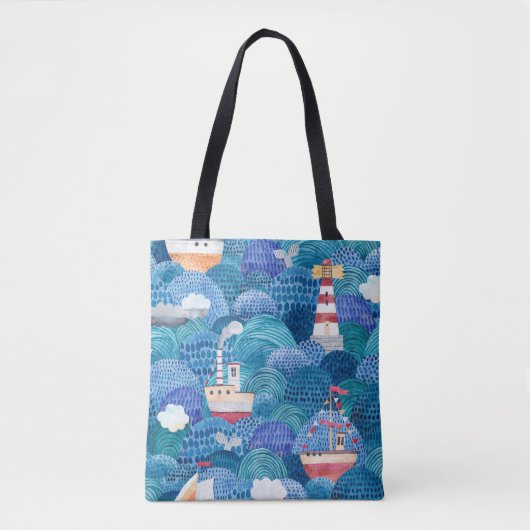 Tote Bag Navires et phare : Aquarelle pour enfants (Devant)