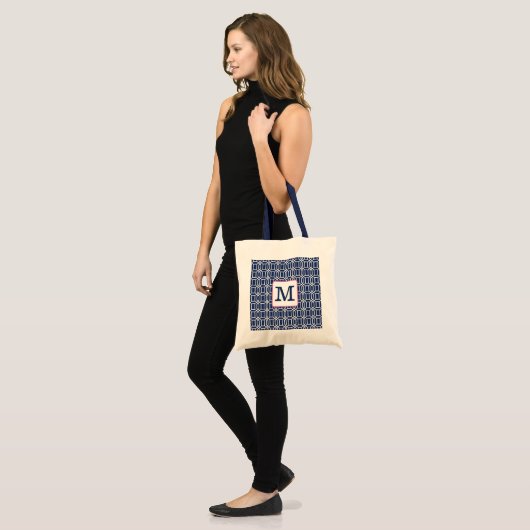 Tote Bag Navy Blanc Géométrique Monogramme Octogone Prépa (Devant (modèle))