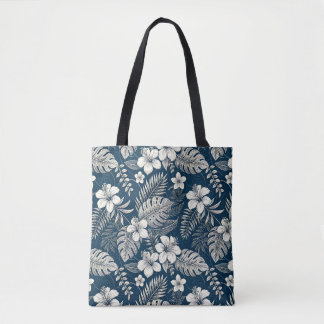 Tote Bag Navy Blue Hibiscus Monstera Tropical Botanical