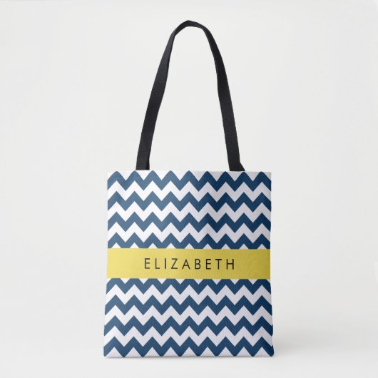 Tote Bag Navy Blue Zigzag, Navy Blue Chevron, Votre nom (Devant)