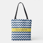 Tote Bag Navy Blue Zigzag, Navy Blue Chevron, Votre nom (Dos)