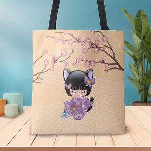 Tote Bag Neko Kokeshi Poupée - Cat Ears Geisha Girl