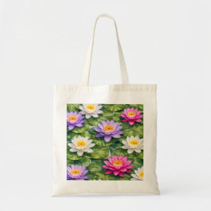 Tote Bag Nénuphar rose violet blanc aquarelle botanique