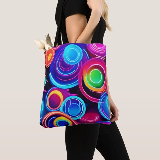 Tote Bag Neon Circles Art Abstrait (De près)
