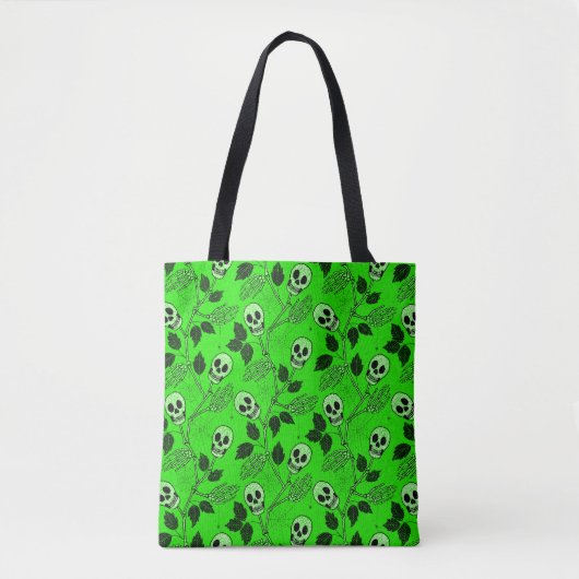 Tote Bag Neon Green Floral Gothic Skull (Devant)