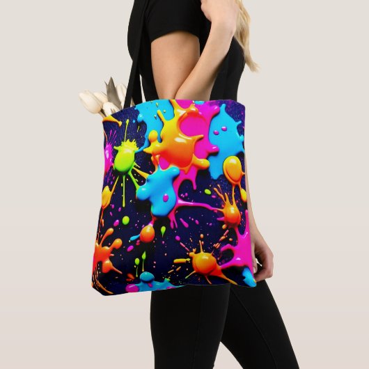 Tote Bag Neon Paint Splatter Art Abstrait (De près)