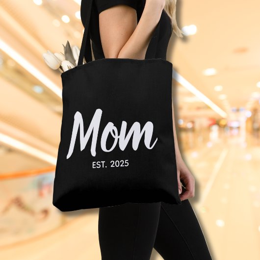 Tote Bag New Mom Established Date White Script