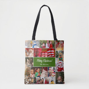 Tote Bag Noël 15 Photo Collage avec Nom de famille Vert