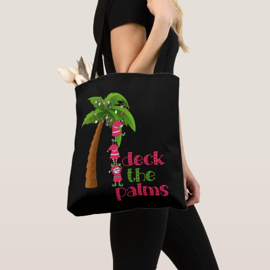 Tote Bag NOËL À LA PLAGE graphique SANTAS ELVES PALM (De près)