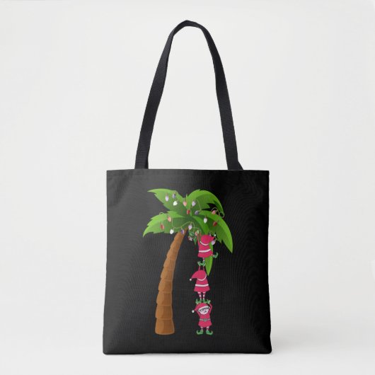 Tote Bag NOËL À LA PLAGE imprimer SANTAS ELVES PALM (Devant)