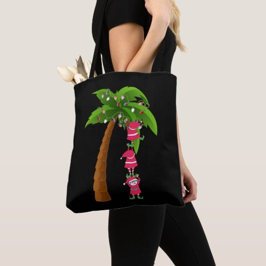 Tote Bag NOËL À LA PLAGE imprimer SANTAS ELVES PALM (De près)