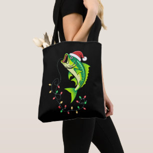 Tote Bag Noël Bass Fish Chapeau de Père Noël Lumières Pêche
