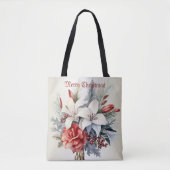 Tote Bag Noël Blanc Fleurs Rouges Vacances Élégant (Devant)