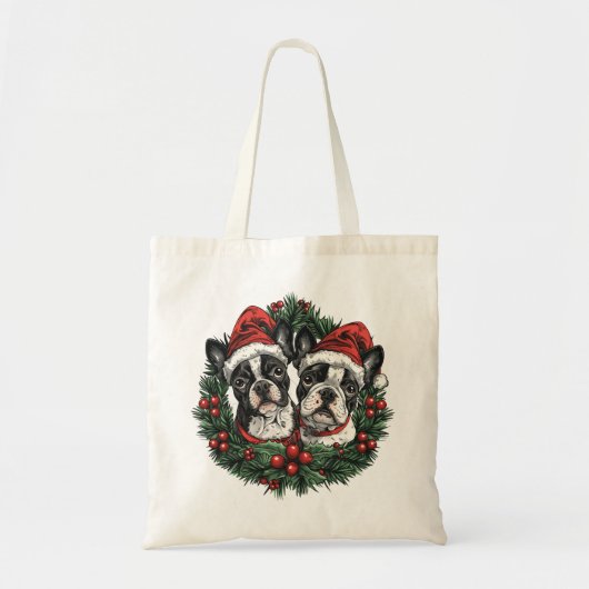 Tote Bag Noël Boston Terrier Chiens de vacances Wreath (Devant)