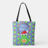 Tote Bag Noël Cute Frog Santa Hat Blue Novelité (Dos)