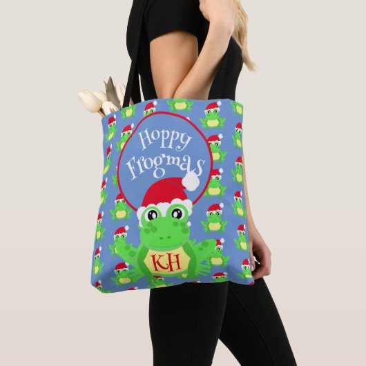 Tote Bag Noël Cute Frog Santa Hat Blue Novelité (De près)