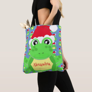 Tote Bag Noël Cute Frog Santa Hat Blue Novelité