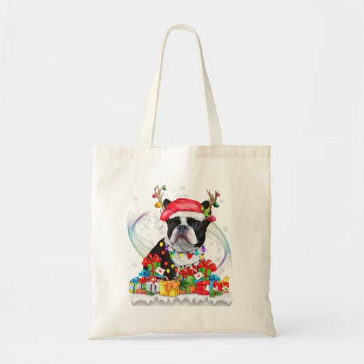 Tote Bag Noël de Boston Terrier Santa Hat Reindeer (Devant)