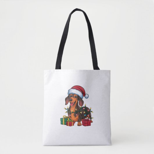Tote Bag Noël Éclairage de Noël Chapeau Dachshund Chien Noë (Devant)