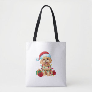 Tote Bag Noël Éclairage Santa Chapeau Maltipoo Chien Noël
