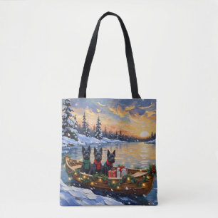 Tote Bag Noël en bateau avec un Terrier Écossais