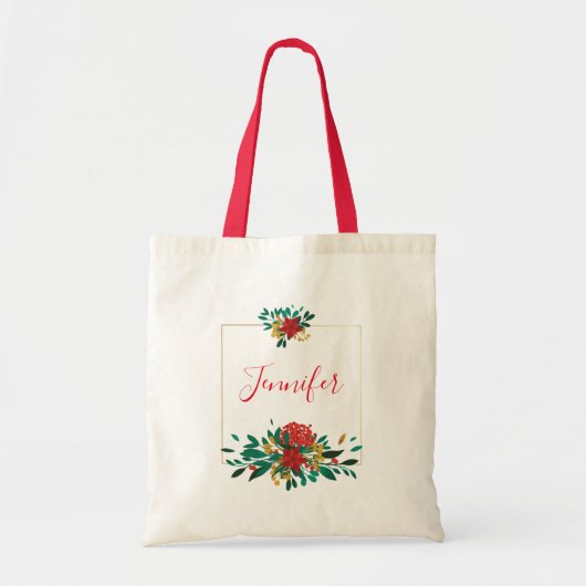 Tote Bag Noël floral rouge vert et or Moderne (Devant)