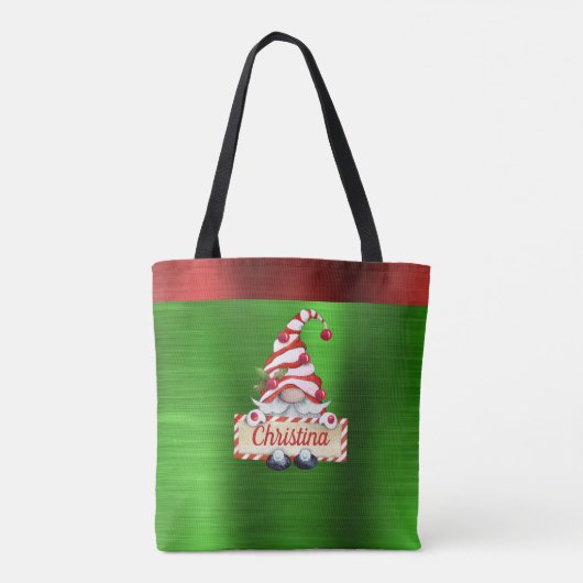 Tote Bag Noël Gnome Rouge à rayures Casquette Vert métalliq (Dos)