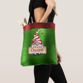 Tote Bag Noël Gnome Rouge à rayures Casquette Vert métalliq (De près)