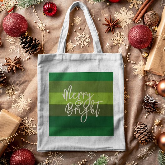 Tote Bag Noël Green Stripes Joyeux et Lumineux vacances
