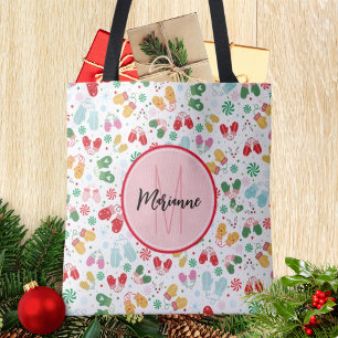 Tote Bag Noël hiver Mittens Candy Rouge rose Monogramme
