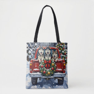 Tote Bag Noël Husky Sibérien Camion Rouge Fêtes