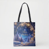 Tote Bag Noël magique - flocons de neige dorés sur bleu (Devant)